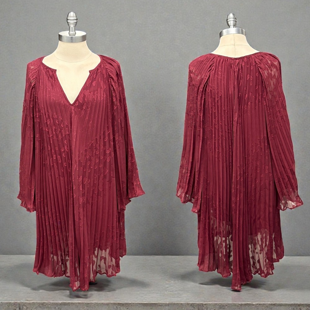 ANTHROPOLOGIE Toulon Long Sleeve Midi Dress XS Plum‎ Purple Pleated V-Neck Date